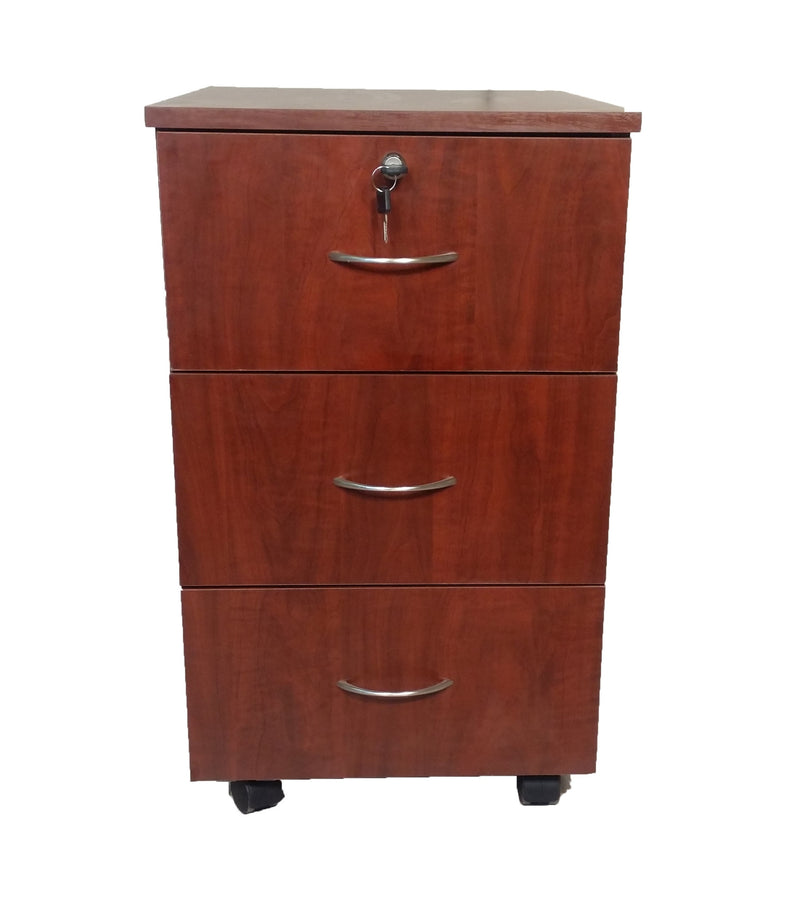 Mahogany mobile office pedestal with 3 drawers, top middle lock, and four wheels underneath.