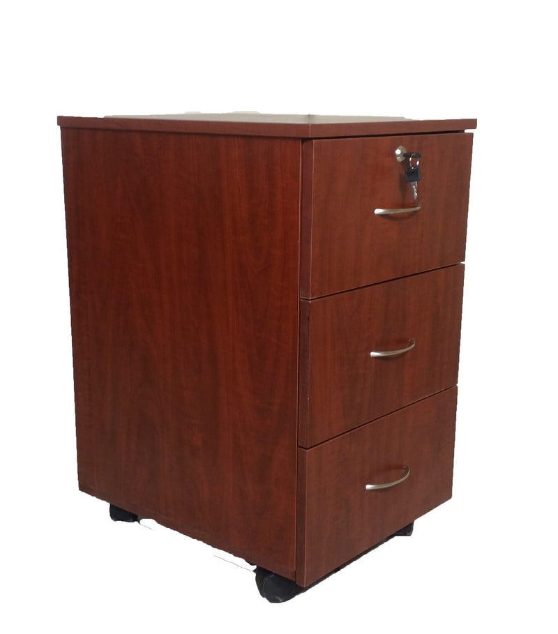 Mahogany mobile office pedestal with 3 drawers, top middle lock, and four wheels underneath.
